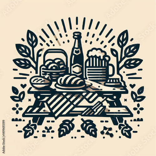 Picnic table set with bread, beer, and snacks in vintage style
