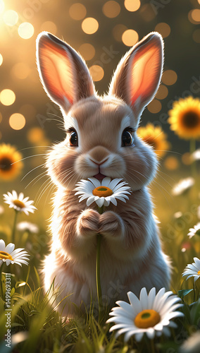 Adorable Bunny Holding a Flower in a Sunny Meadow