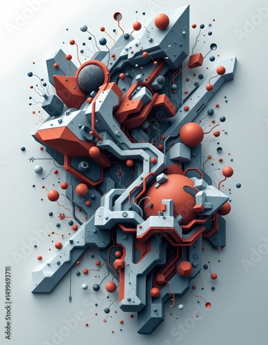 abstract puter generated image of fractal geometry with parallelipeds and geometric shapes, emphasizing a tech or virtual reality concept