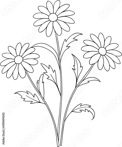 Three simple daisy flowers with leaves are arranged nicely as a colorless outline