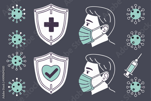 Coronavirus Protection Concept: Man Wearing Mask, Shield Icons, Virus Cells and Vaccine for Medical Safety.