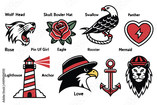 Collection of Vintage Tattoo Style Illustrations: Animals, Symbols, and Elements with Bold Outline.