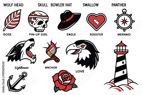 Old School Tattoo Designs: A Set of Classic and Traditional Motifs Featuring Animals and Nautical Elements.