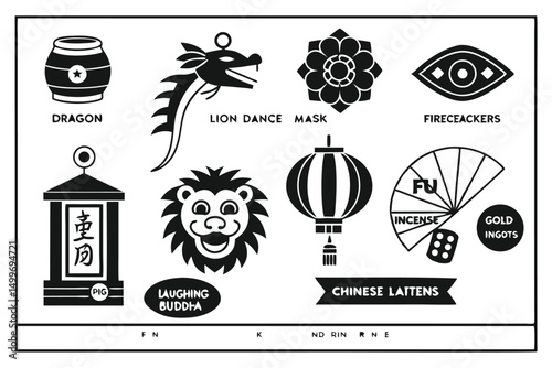 Chinese New Year Black and White Icon Set Featuring Cultural Symbols for Luck and Celebration.