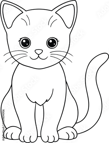 Adorable line art shows a cute kitten with big eyes sitting calmly