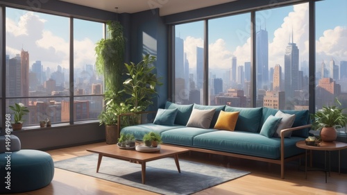 Modern, city-view living room with teal couch and plants