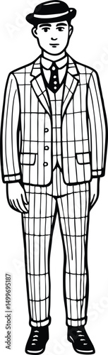 Black and white drawing shows a man wearing a pinstripe suit and hat