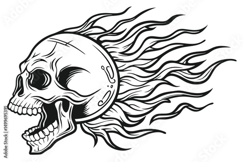 Monochrome skull with flames element, vintage tattoo design, skeleton head drawing for gothic print and t-shirt.