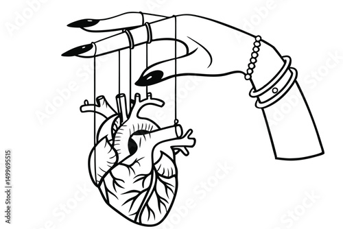 Anatomical heart hanging on strings controlled by a hand with jewelry, line art illustration symbolizing control and manipulation.