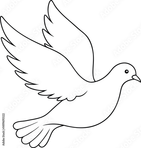 Elegant line art reveals a graceful dove in flight with wings spread widely