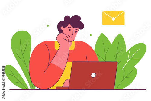 Man working on laptop with email icon above