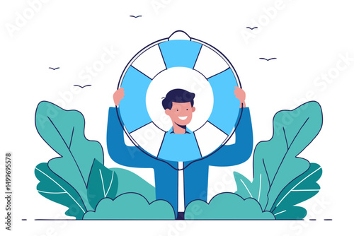 Man holding lifebuoy in nature landscape