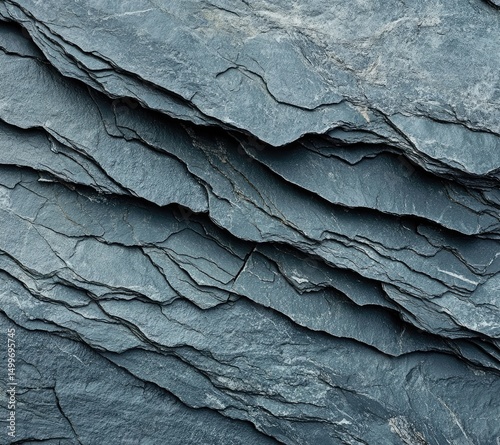 Close-up of layered, dark gray slate rock exhibiting a textured, stratified surface with thin, meandering fissures