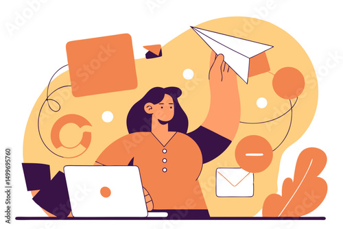 Woman with laptop surrounded by social icons