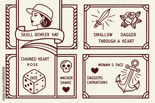 Retro Tattoo Flash Sheet Design with Classic Symbols like Daggers, Roses, and Anchors in Outlined Style.