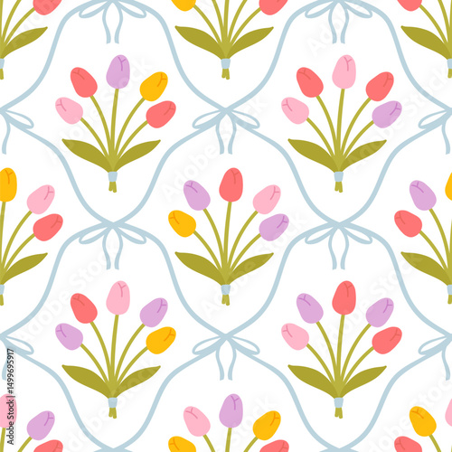Floral seamless pattern with cute bouquets of tulips and flirty bows tied with net ribbons on a soft pastel background. Perfect for kids clothing, textiles, nursery, stationery, scrapbooking