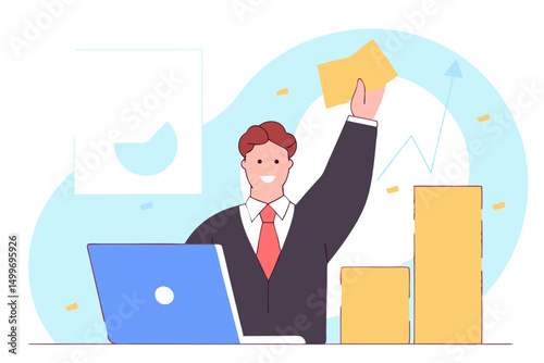 Businessman holding document next to laptop