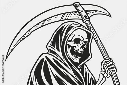 Grim Reaper with Scythe Black and White Illustration for Halloween or Gothic Design.