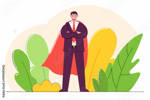 Confident businessman wearing red cape