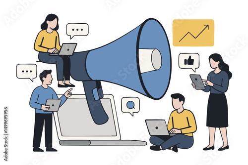 People working around large megaphone