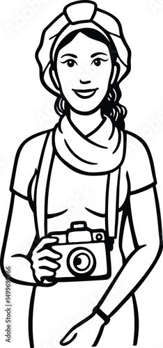 Happy woman with headscarf and scarf holds a camera in black and white