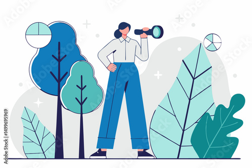 Man using binoculars in forest landscape