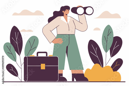 Woman searching future with binoculars