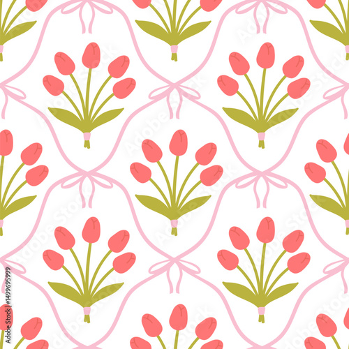Floral seamless pattern with cute bouquets of tulips and flirty bows tied with net ribbons on a soft pastel background. Perfect for kids clothing, textiles, nursery, stationery, scrapbooking