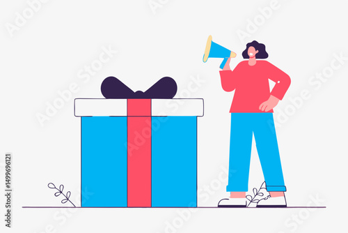 Woman with megaphone near gift box