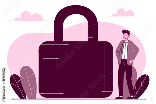 Businessman standing near large padlock