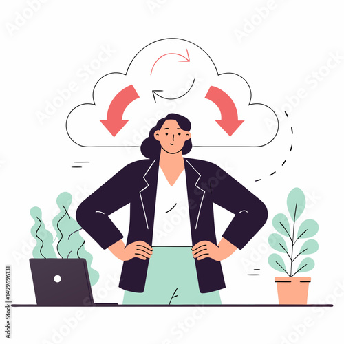 Woman with cloud data sync arrows above