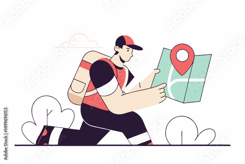 Delivery man running with location map