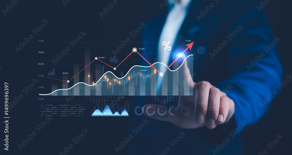 Businessman hand pointing ROI graph, symbolizing smart investment strategies using digital technology and financial planning tools. Ideal for fintech, personal finance, 2025 business analysis topics.