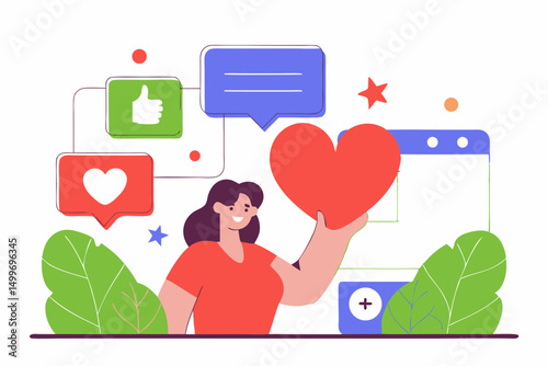 Woman holding heart with likes and comments around. Vector illustration.