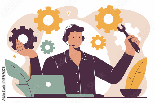 Man fixing laptop surrounded by mechanical gears. Vector illustration.