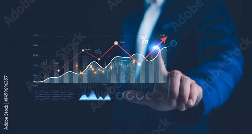 Obraz na płótnie Businessman hand pointing ROI graph, symbolizing smart investment strategies using digital technology and financial planning tools. Ideal for fintech, personal finance, 2025 business analysis topics. w salonie