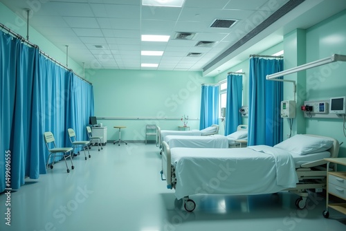 empty hospital room with beds and blue curtains, subject positioned on the right side, under sparkling light, with mint green tones