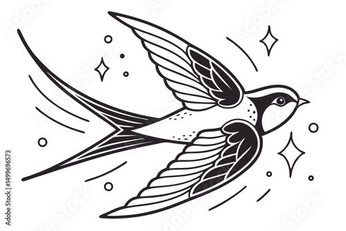 Black and White Minimalist Flying Swallow Bird with Stars and Lines Illustration for tattoo, logo, or print.