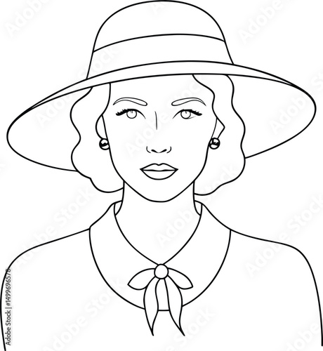 Line art depicts a sophisticated woman wearing a wide brimmed hat and bow tie