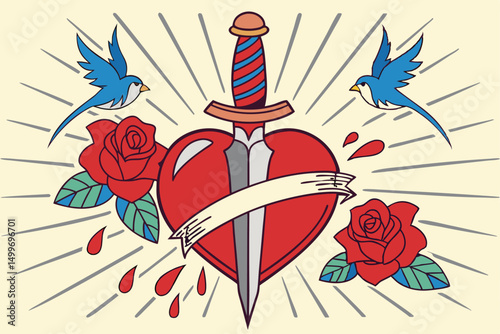 Classic Tattoo Design Featuring a Dagger Through a Heart, Roses, Swallows, and Banner on Light Yellow Background.