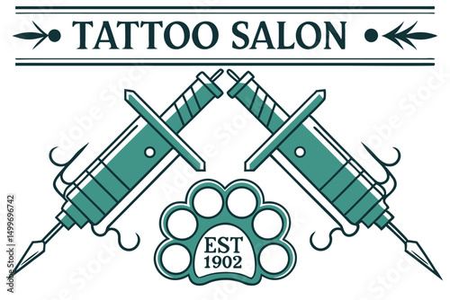 Vintage Tattoo Salon Logo Design with Crossed Needles, Brass Knuckles, and Established Date for Branding.