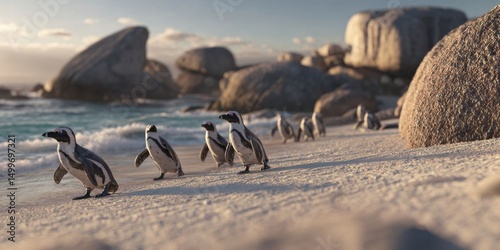 Fototapeta Naklejka Na Ścianę i Meble -  Penguins Waddling on Sandy Beaches at Boulders Beach near Cape Town