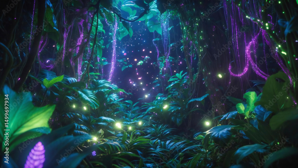 Obraz premium Enchanted Forest at Night Glowing Plants and Fireflies