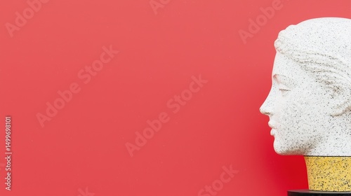 Woman bust with red background.