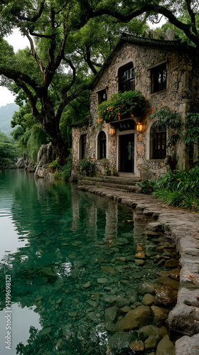 An old stone house reflects in the river near trees in a park landscape