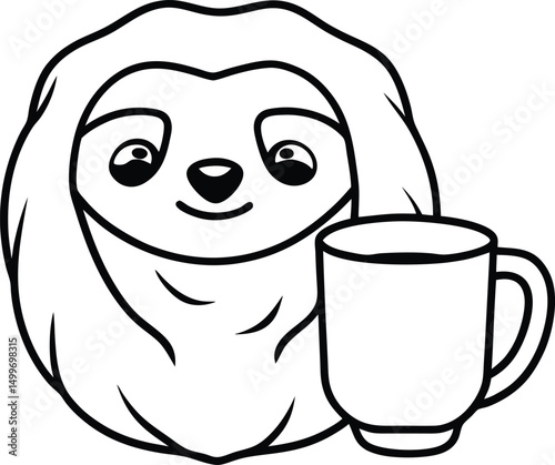 Adorable cartoon sloth with coffee mug in black and white illustration for creative designs