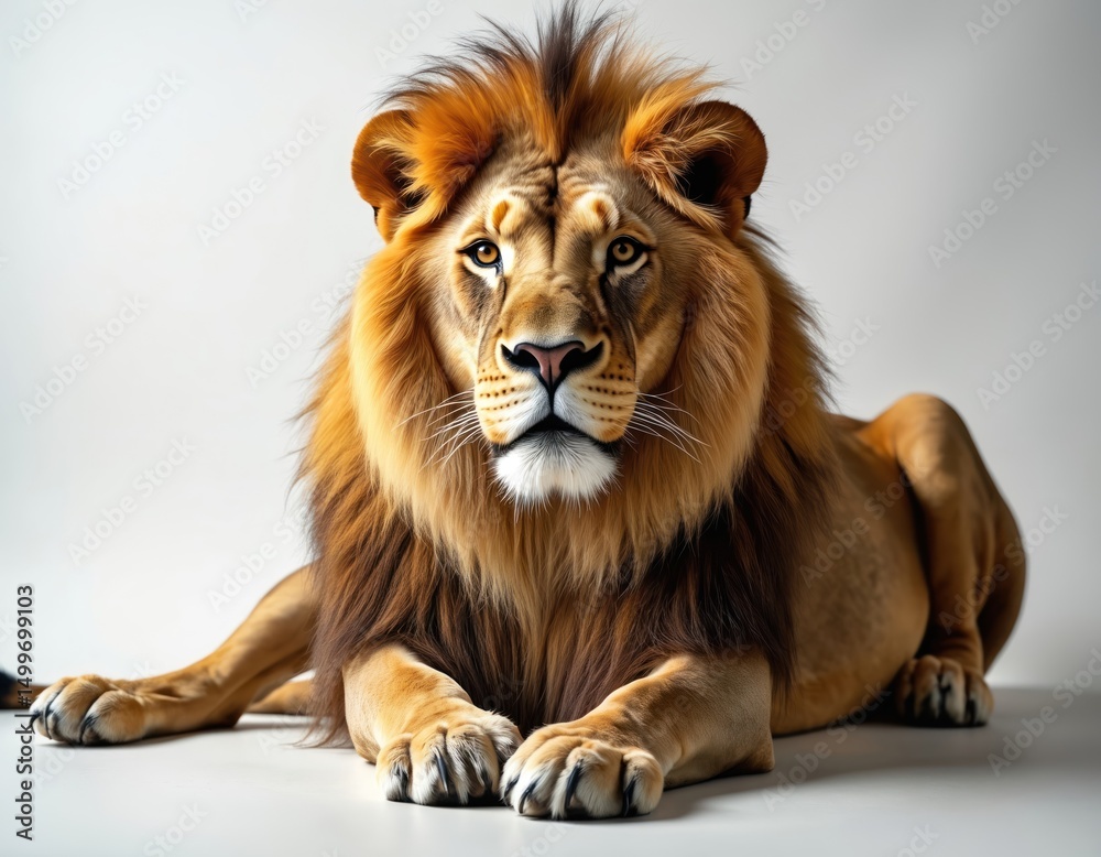 Obraz premium Majestic male lion rests on white background. Golden mane frames strong face, captivating gaze. Wild animal portrait studio shot, fur detailed. Wildlife, powerful predator symbol of Africa.