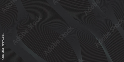 Black abstract background design. Modern wavy line pattern (guilloche curves) in monochrome colors. Premium stripe texture for banner, business backdrop. Dark horizontal vector template