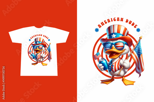 Funny American Duck Uncle Sam Hat Sunglasses and Flag Fourth of July T Shirt Design

