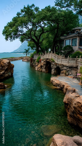 Tropical Thailand beach scenery features green nature, blue sea, and scenic sky for summer travel and vacation